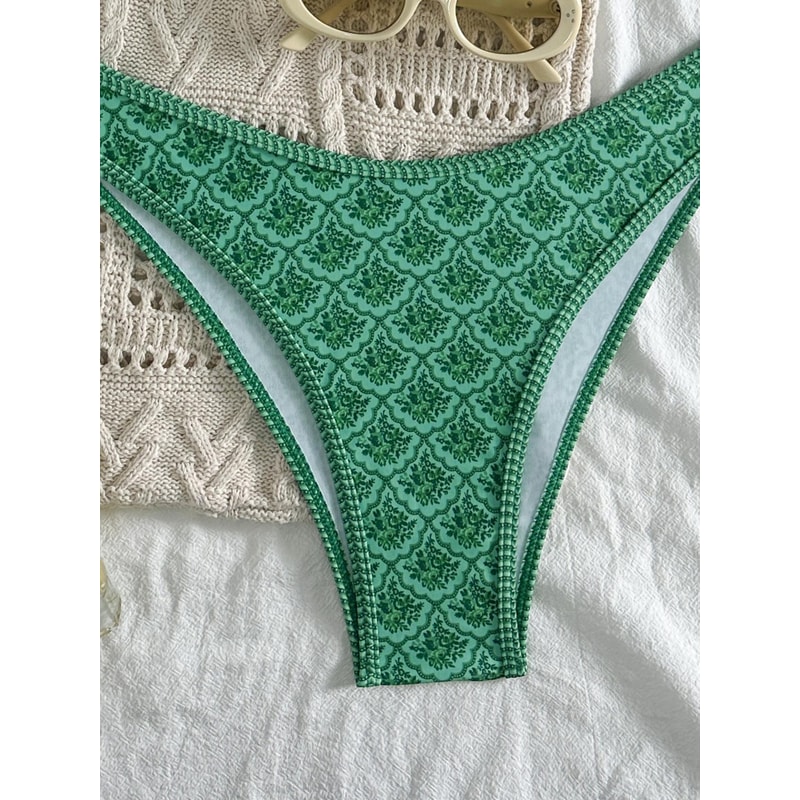Sexy Bandeau Bikini Women Green Floral Pleate Push Up Padded Thong Swimsuit Two Piece Summer Swimwe 3