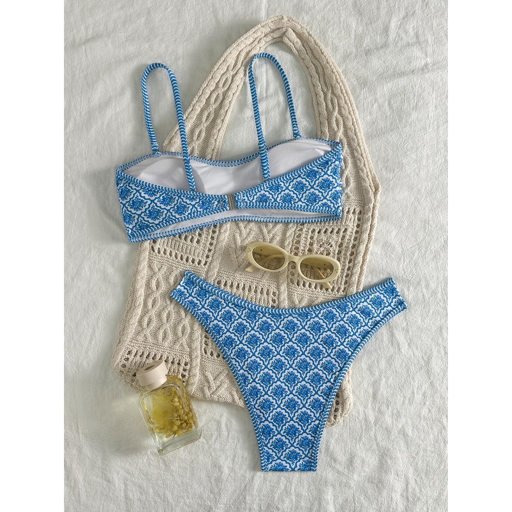 Sexy Bandeau Bikini Women Green Floral Pleate Push Up Padded Thong Swimsuit Two Piece Summer Swimwe 5