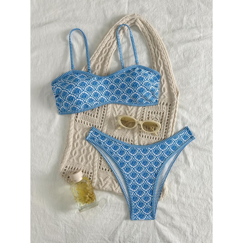 Sexy Bandeau Bikini Women Green Floral Pleate Push Up Padded Thong Swimsuit Two Piece Summer Swimwe 7