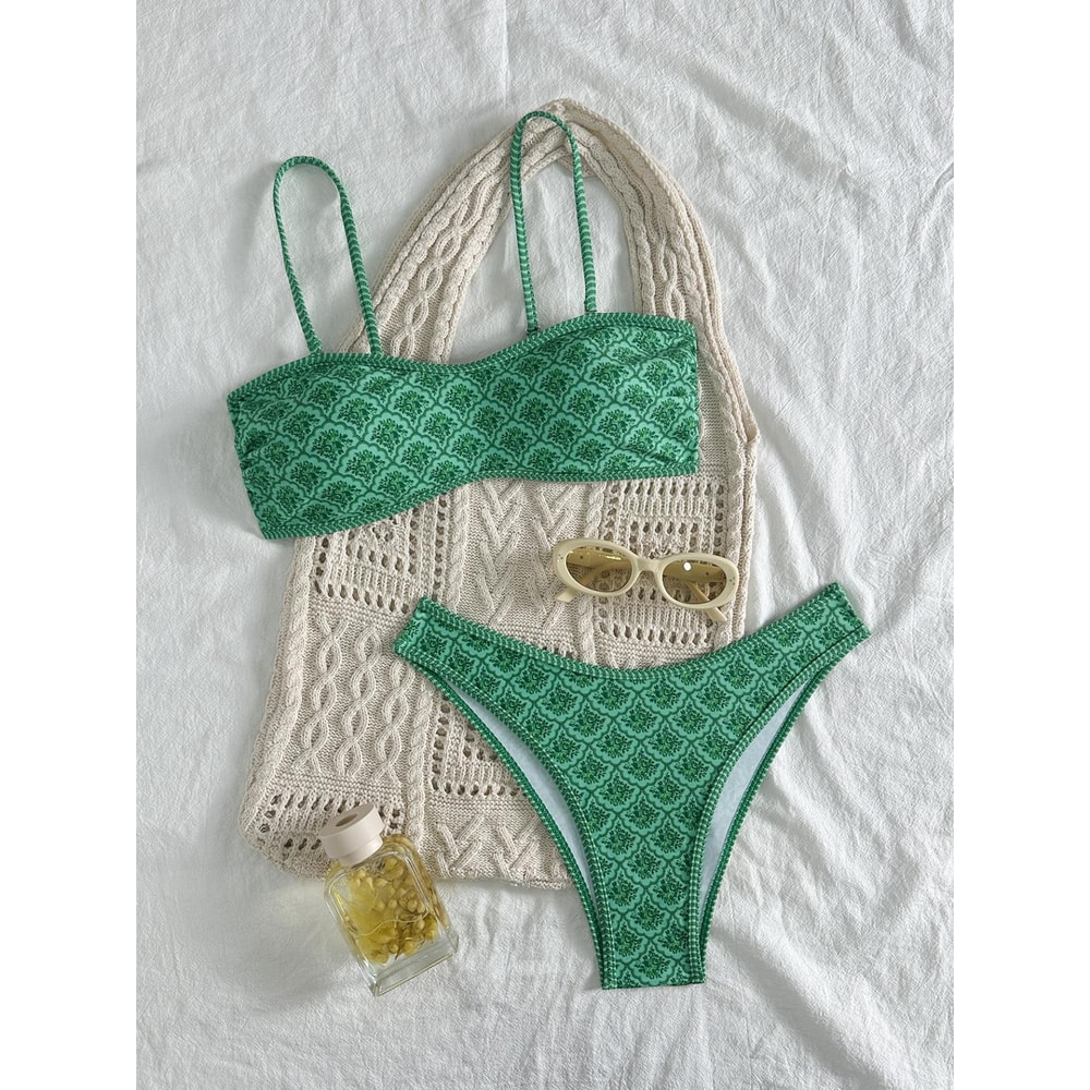 Sexy Bandeau Bikini Women Green Floral Pleate Push Up Padded Thong Swimsuit Two Piece Summer Swimwe 6