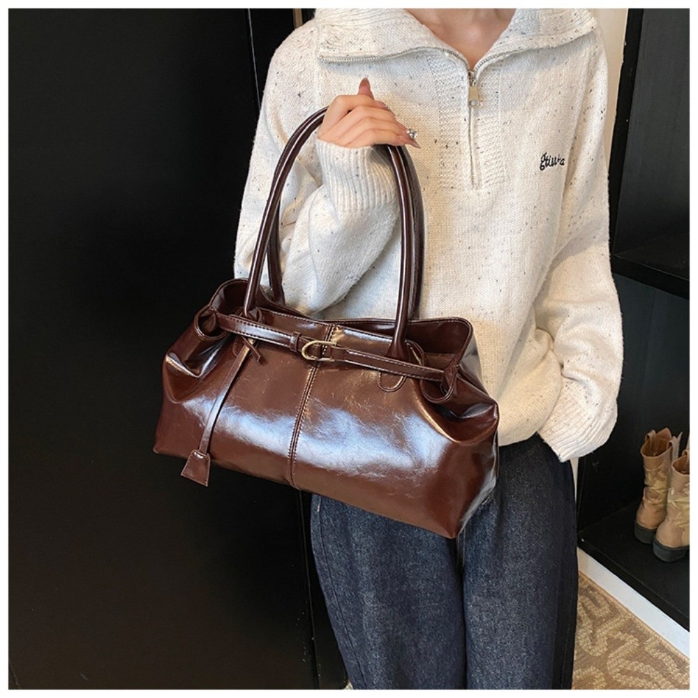 Fashion New Oil PU Leather Handbag Large Capacity Women Shoulder Bag Multifunctional Tote Underarm 2