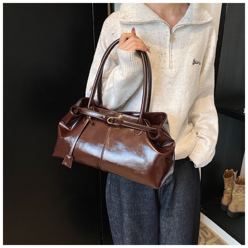 Fashion New Oil PU Leather Handbag Large Capacity Women Shoulder Bag Multifunctional Tote Underarm 3