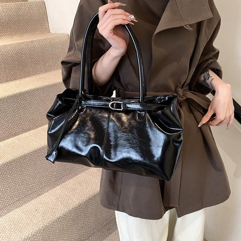 Fashion New Oil PU Leather Handbag Large Capacity Women Shoulder Bag Multifunctional Tote Underarm 6