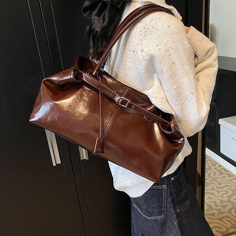 Fashion New Oil PU Leather Handbag Large Capacity Women Shoulder Bag Multifunctional Tote Underarm 4
