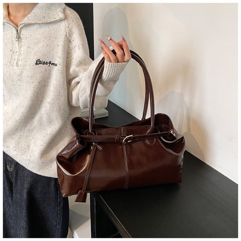 Fashion New Oil PU Leather Handbag Large Capacity Women Shoulder Bag Multifunctional Tote Underarm 8