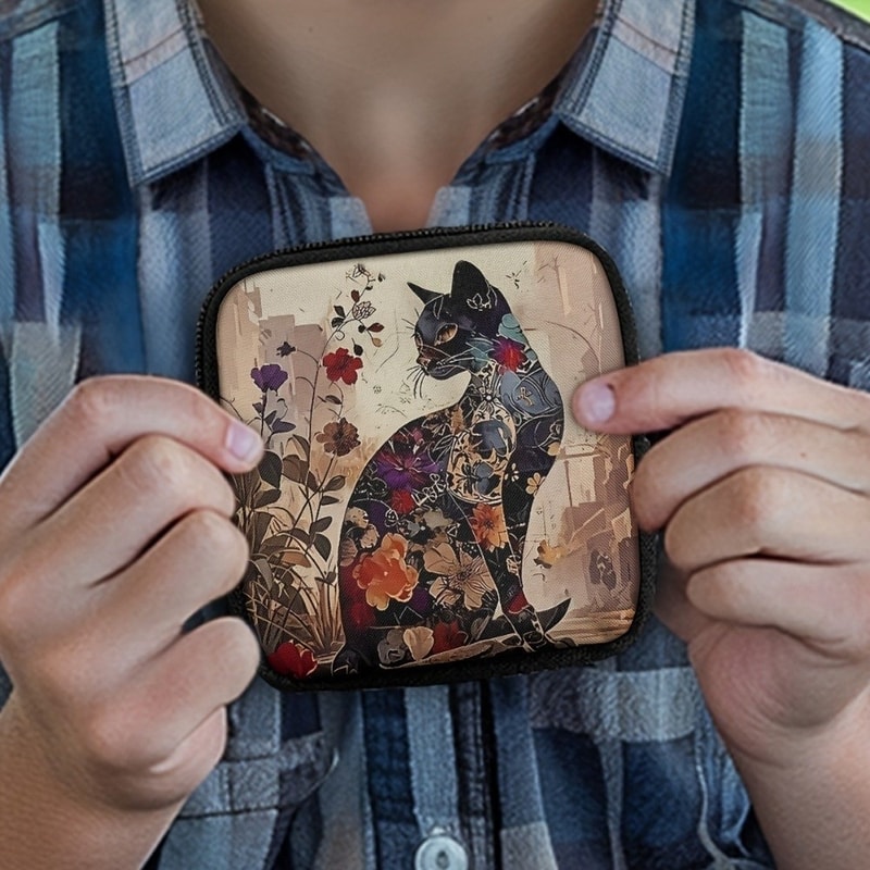 Mini Coin Purse, Cat Print Lightweight Waterproof Earphone Bag, Multiple Styles Artificial Leather Wallet, Friends Gift