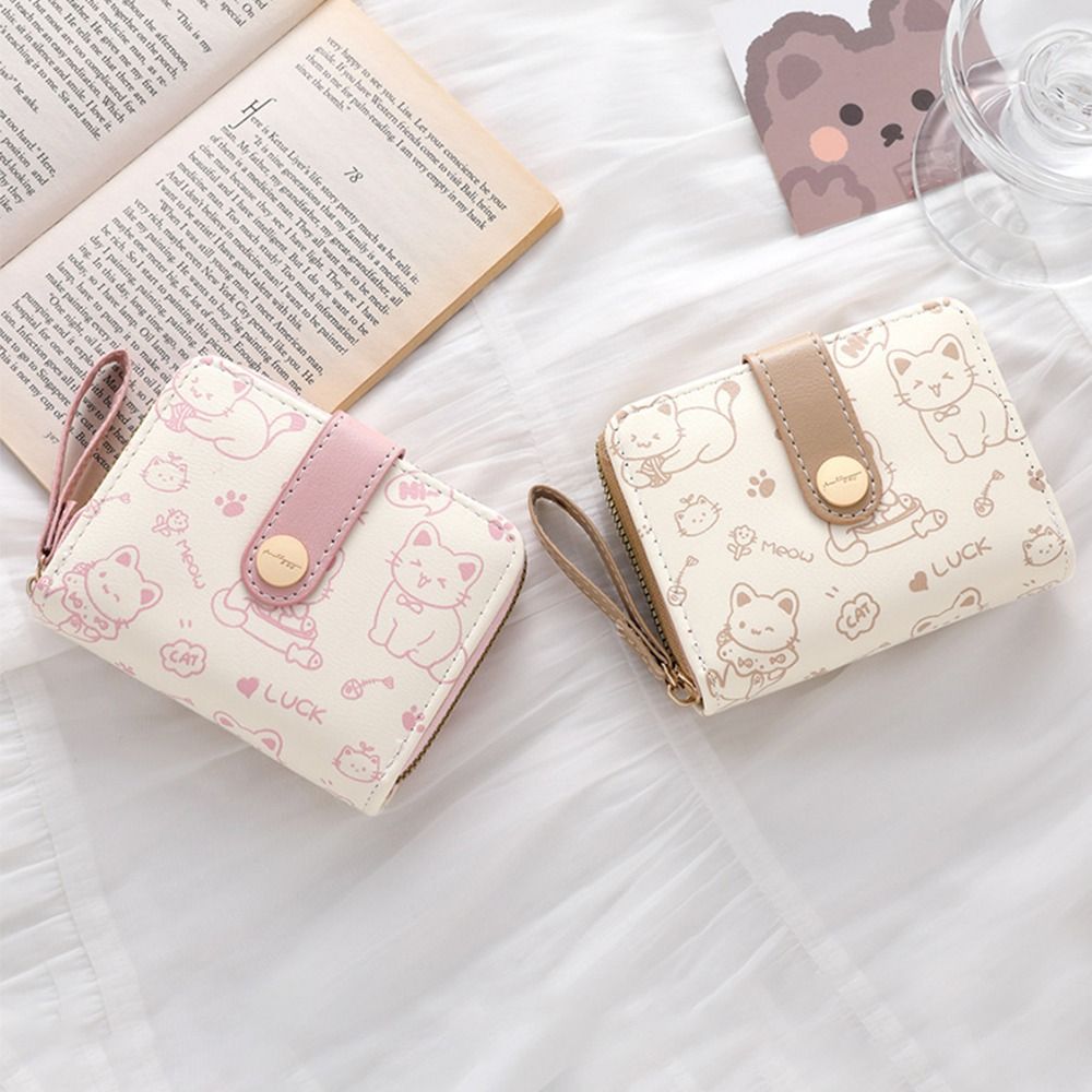 Cute Printed Cat Coin Purse, Women Girl Fashion Short Wallet, PU Leather ID Card Holder, Lightweight Travel Coin Bag