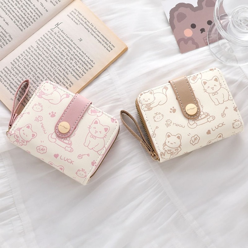 Cute Printed Cat Coin Purse, Women Girl Fashion Short Wallet, PU Leather ID Card Holder, Lightweight Travel Coin Bag
