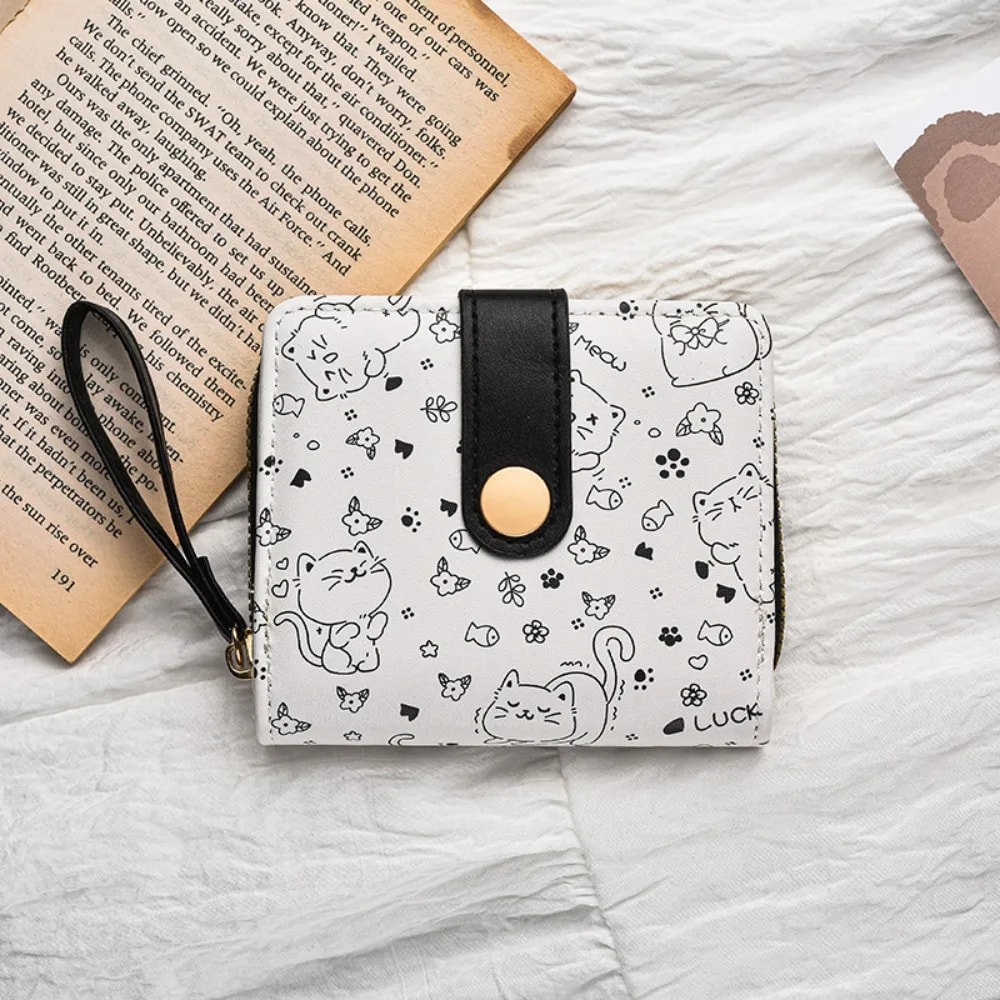 Cute Printed Cat Coin Purse, Women Girl Fashion Short Wallet, PU Leather ID Card Holder, Lightweight Travel Coin Bag