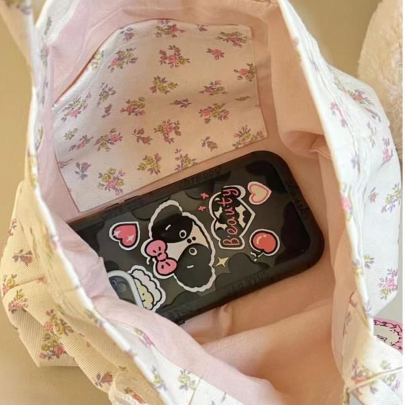 Large Capacity Printed Tote Bag with Lace Bow, Fashion Sweet Canvas Handbag, Storage Handbags for Women