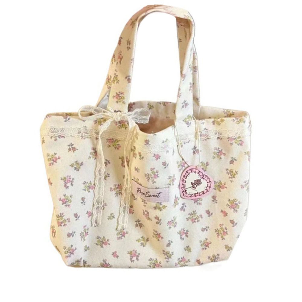 Large Capacity Printed Tote Bag with Lace Bow, Fashion Sweet Canvas Handbag, Storage Handbags for Women