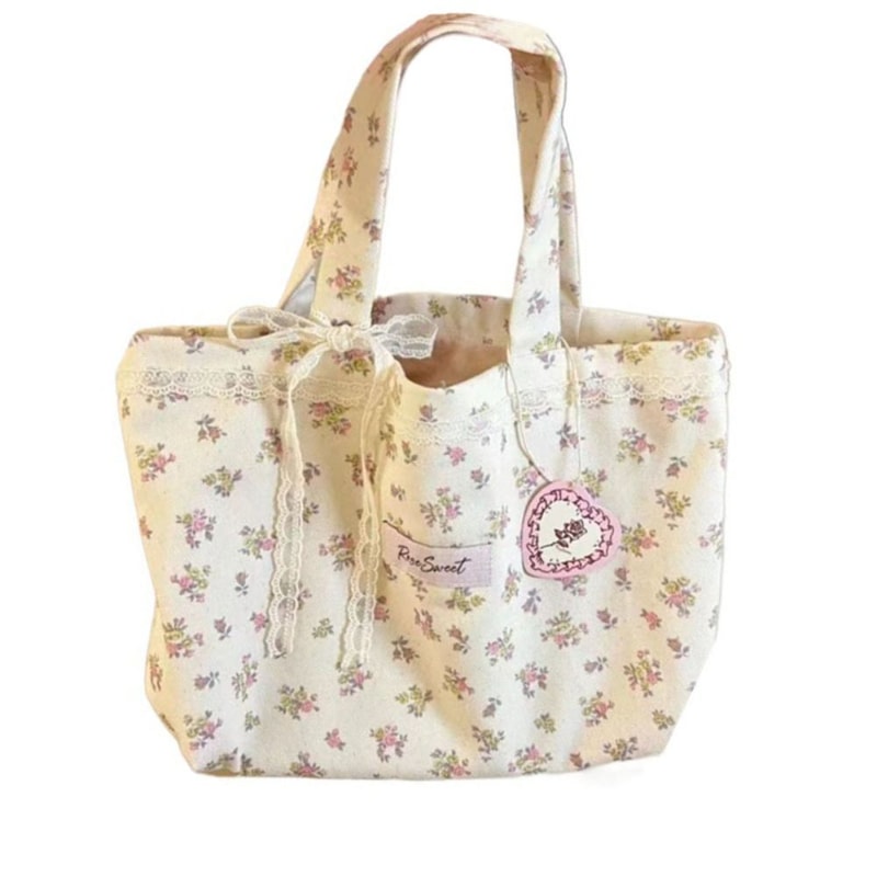 Large Capacity Printed Tote Bag with Lace Bow, Fashion Sweet Canvas Handbag, Storage Handbags for Women