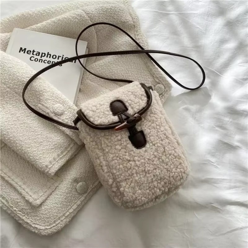 Fashion Winter Lambswool Phone Bag, Sweet Lovely Portable Women Wallets, Faux Fur Plush Shoulder Bags