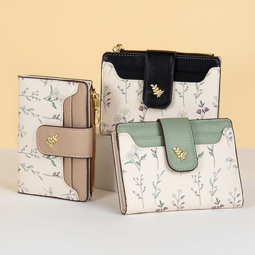 Slim PU Leather Short Wallet, Multi-Cards Zipper Coin Purse, Small Flowers Card Bag Wallet for Women, Girl, Zipper