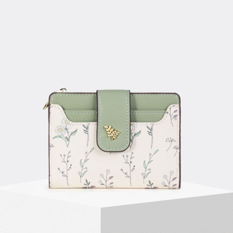 Slim PU Leather Short Wallet, Multi-Cards Zipper Coin Purse, Small Flowers Card Bag Wallet for Women, Girl, Zipper