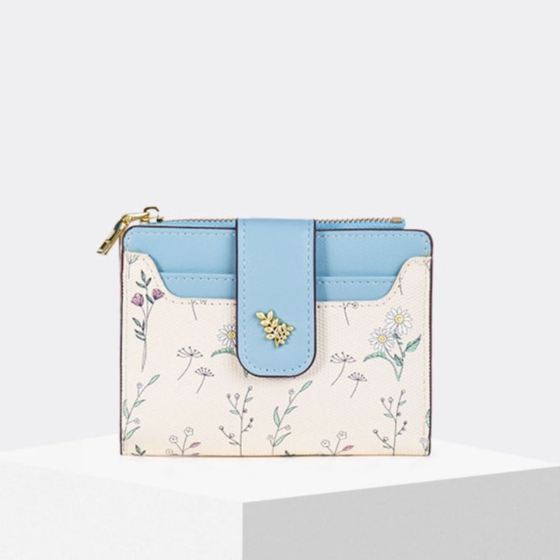 Slim PU Leather Short Wallet, Multi-Cards Zipper Coin Purse, Small Flowers Card Bag Wallet for Women, Girl, Zipper