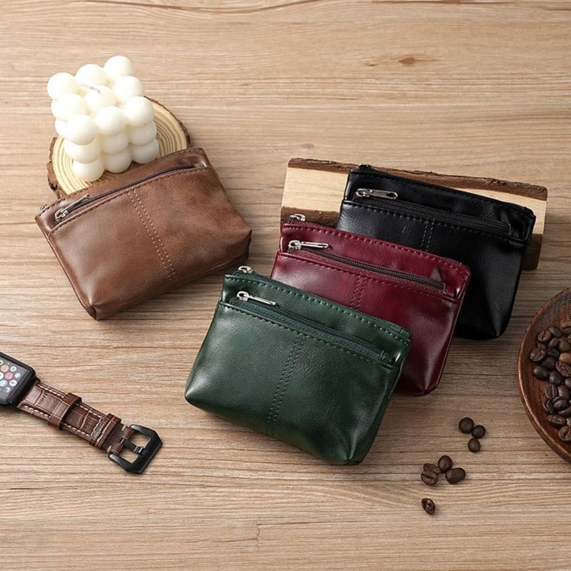 Vintage PU Leather Men Zero Wallet, Natural Cowhide Zipper Key Bag, Women's Bank Card Bag, Fashion Mini Coin Card Holder