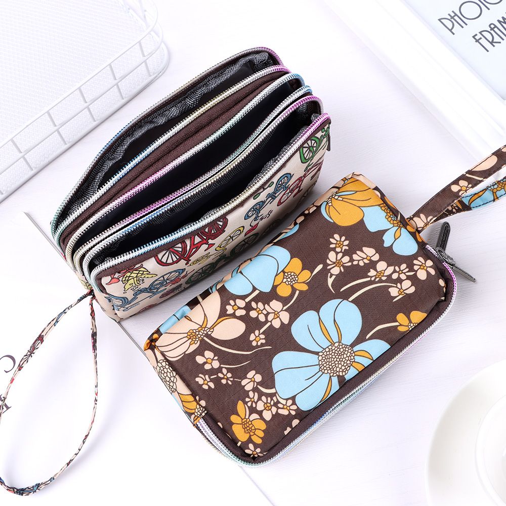 Women Handbag Print Canvas Wristlet Bag, Three Layer Long Wallet, Large Capacity Coin Purse, Waterproof