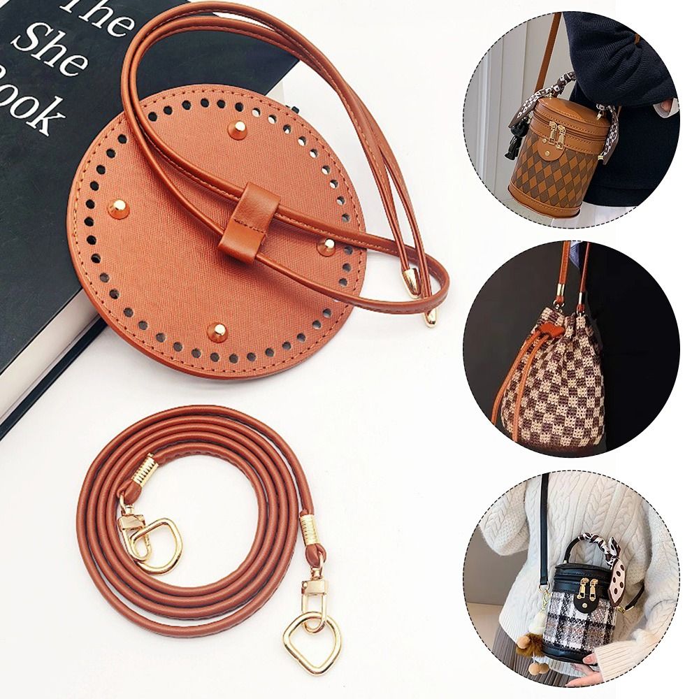 Round PU Leather Crochet Bag Handmade Drawstring Accessories Woven Bag Set Durable Solid Color Bag 3
