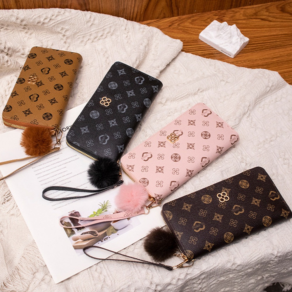 Fluffy Ball PU Leather Women Long Wallet, Portable Card Holder, Large Capacity Clutch Bag with Printed Decoration