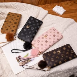 fluffy ball pu leather women long wallet, portable card holder, large capacity clutch bag with printed decoration