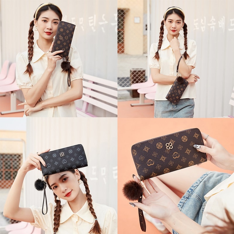 Fluffy Ball PU Leather Women Long Wallet, Portable Card Holder, Large Capacity Clutch Bag with Printed Decoration