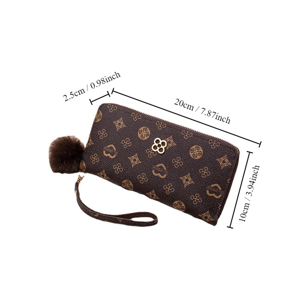 Fluffy Ball PU Leather Women Long Wallet, Portable Card Holder, Large Capacity Clutch Bag with Printed Decoration