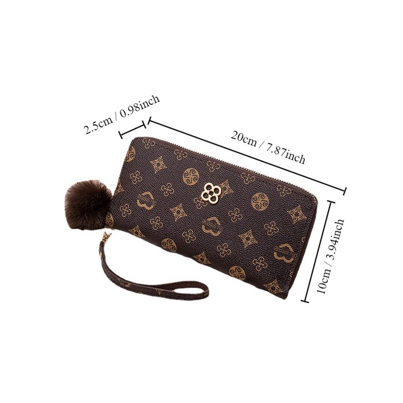 Fluffy Ball PU Leather Women Long Wallet, Portable Card Holder, Large Capacity Clutch Bag with Printed Decoration