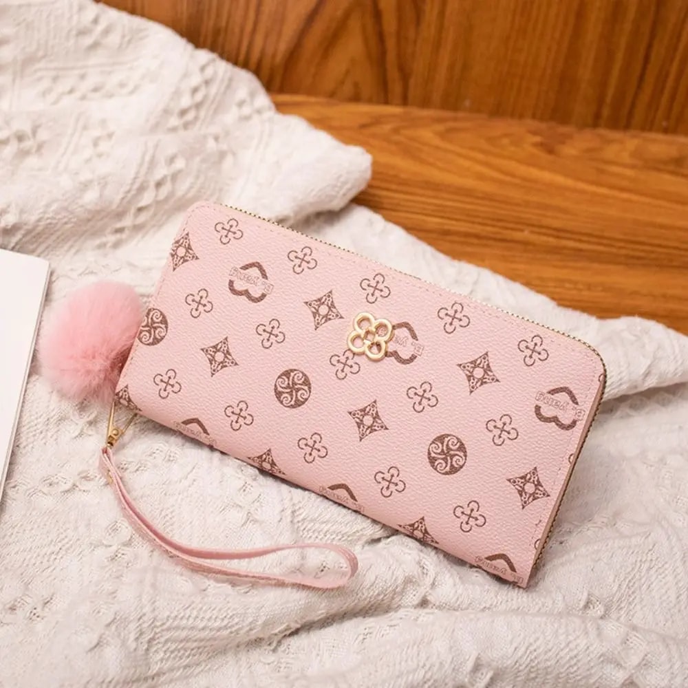 Fluffy Ball PU Leather Women Long Wallet, Portable Card Holder, Large Capacity Clutch Bag with Printed Decoration