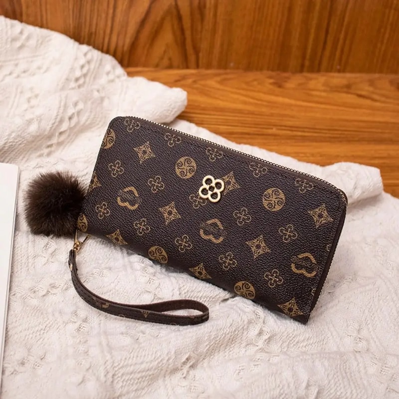 Fluffy Ball PU Leather Women Long Wallet, Portable Card Holder, Large Capacity Clutch Bag with Printed Decoration