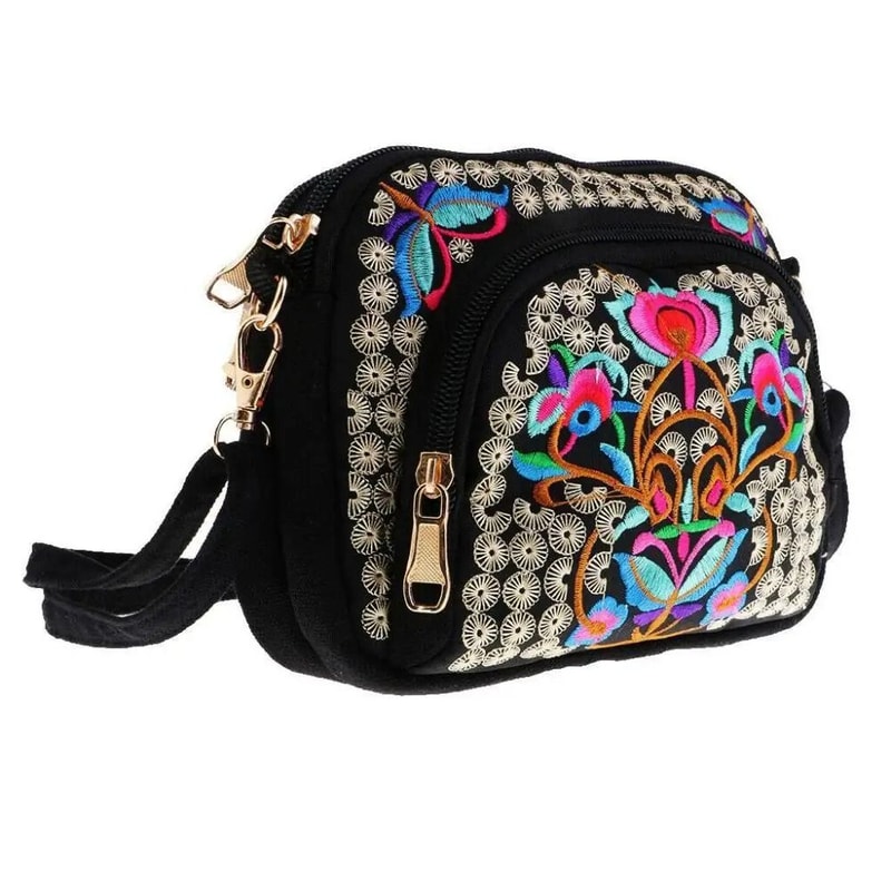 Ethnic Style Women Shoulder Bag, Vintage Zipper Floral Embroidered Travel Pouch