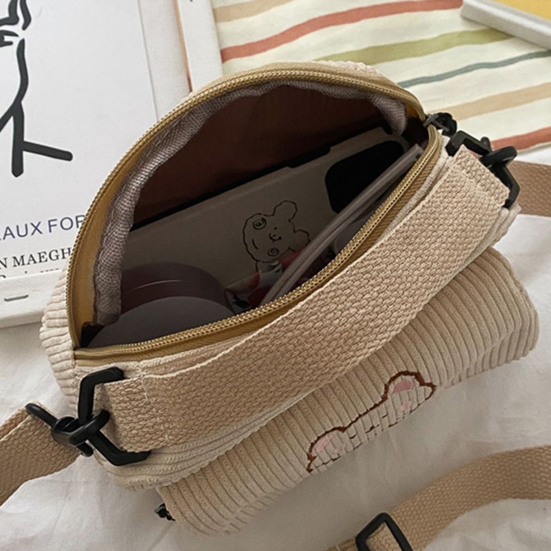 WOMENS Crossbody Bag Cute Bear Embroidered Corduroy Leisure Canvas Bag For Girls 3