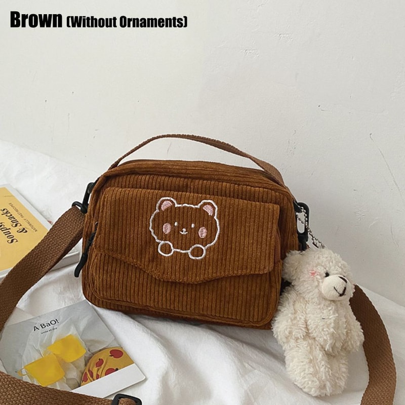 WOMENS Crossbody Bag Cute Bear Embroidered Corduroy Leisure Canvas Bag For Girls 6