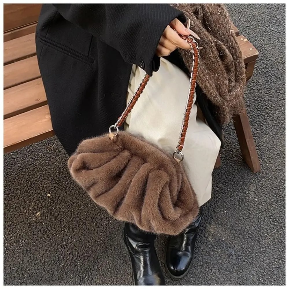 Trendy Soft Faux Fur Shoulder Bag, Pleated Design Women's Plush Hobo Handbag