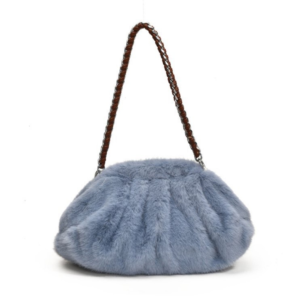 Trendy Soft Faux Fur Shoulder Bag, Pleated Design Women's Plush Hobo Handbag
