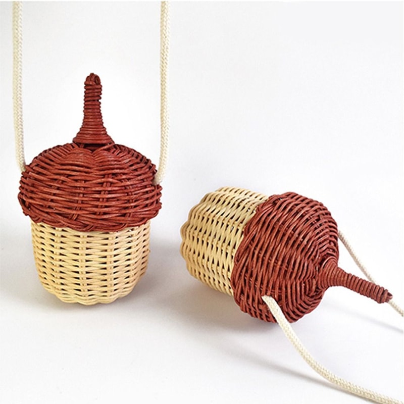 Creative Woven Pinecone Crossbody Handbag, Vintage Style Mini Rattan Shoulder Bag