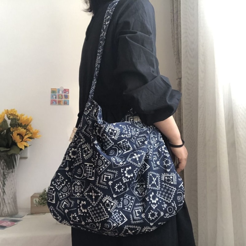 Casual Cotton Shopping Bag Portable Reusable Crossbody Bag HighCapacity Handbags With Bandanna Prin 0
