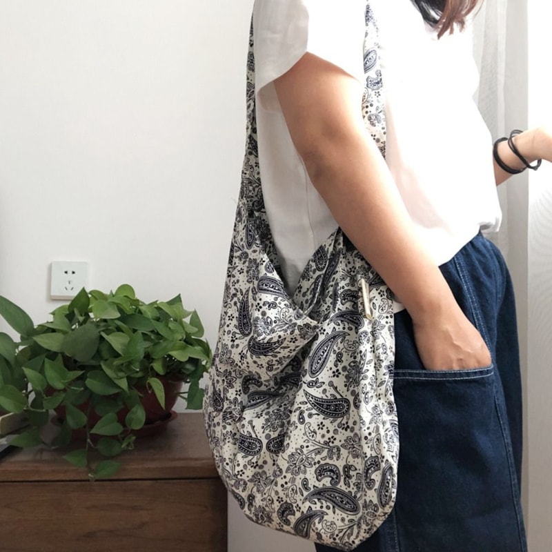 Casual Cotton Shopping Bag Portable Reusable Crossbody Bag HighCapacity Handbags With Bandanna Prin 6