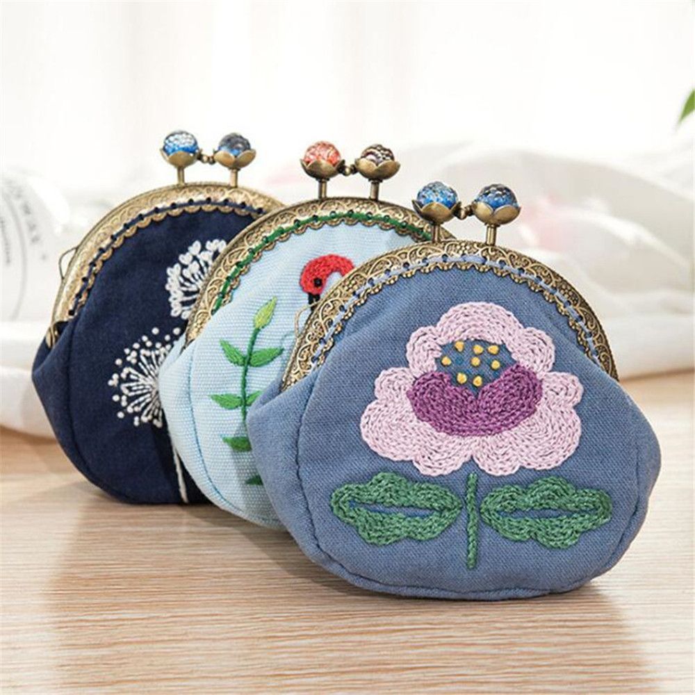 Flowers Bird Embroidered Coin Purse Wallet, Mobile Phone Bags Kit, Handmade DIY Clutch Bag