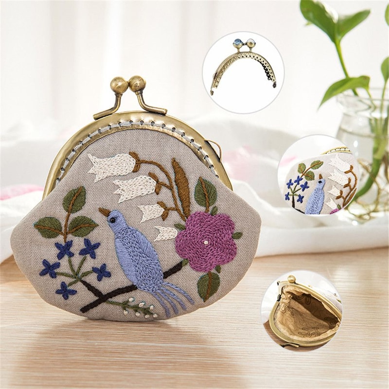 Flowers Bird Embroidered Coin Purse Wallet, Mobile Phone Bags Kit, Handmade DIY Clutch Bag