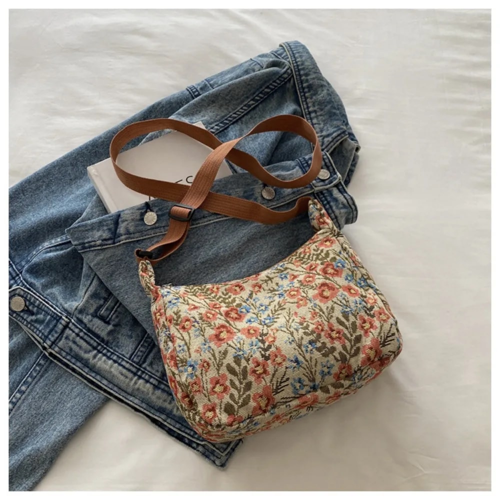 Vintage Half Moon Shape Women Messenger Bag, Versatile Literary Prints Crossbody Shoulder Bag