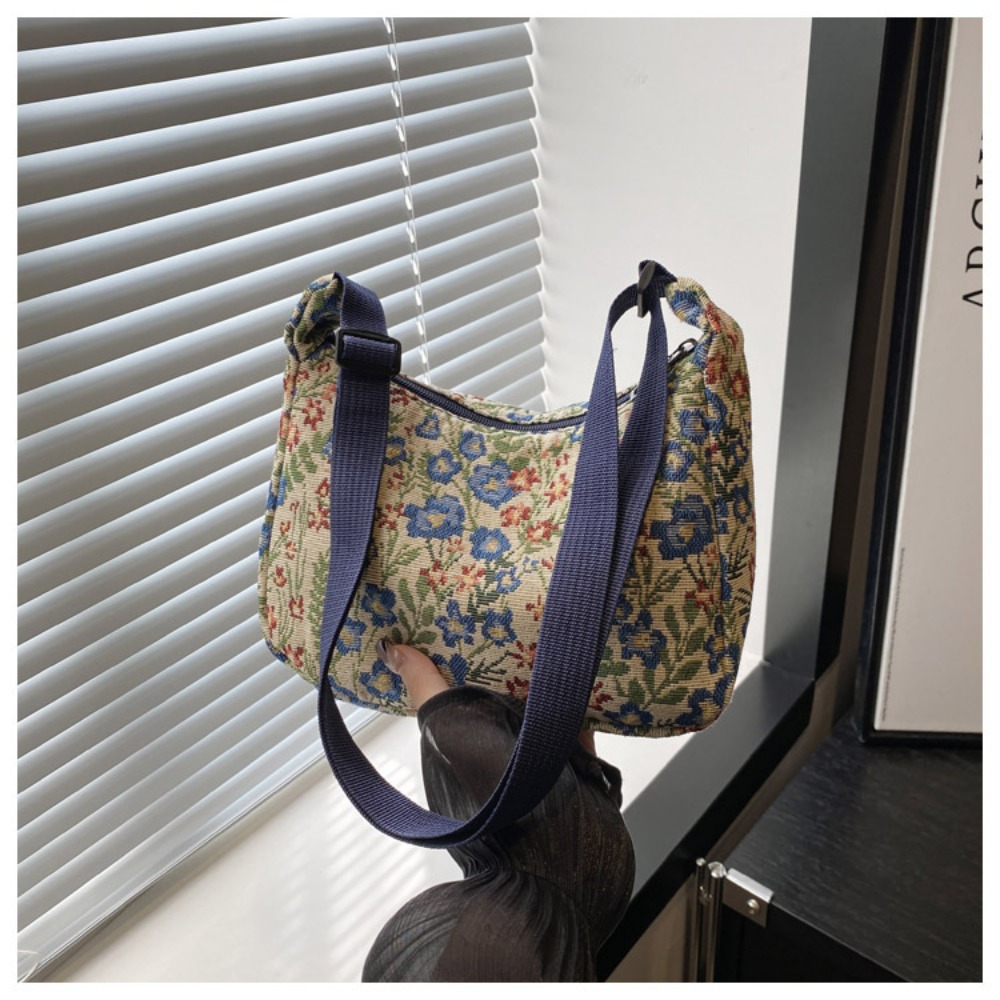 Vintage Half Moon Shape Women Messenger Bag, Versatile Literary Prints Crossbody Shoulder Bag
