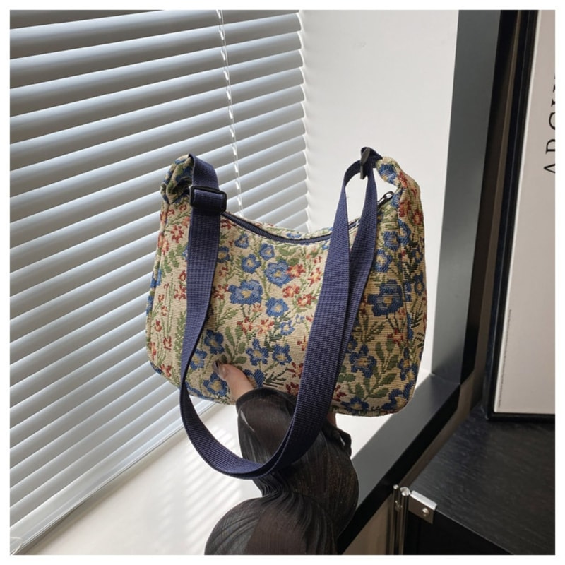 Vintage Half Moon Shape Women Messenger Bag, Versatile Literary Prints Crossbody Shoulder Bag