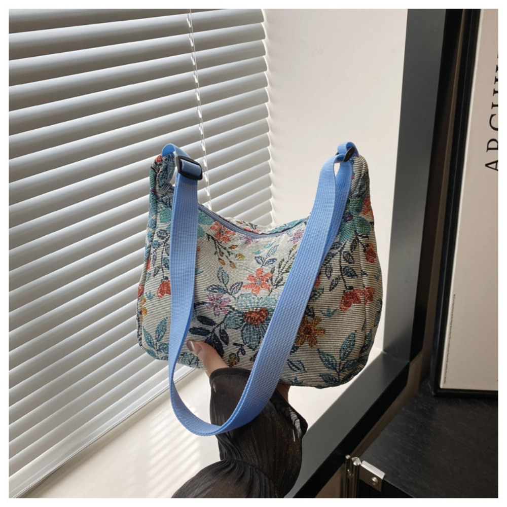 Vintage Half Moon Shape Women Messenger Bag, Versatile Literary Prints Crossbody Shoulder Bag