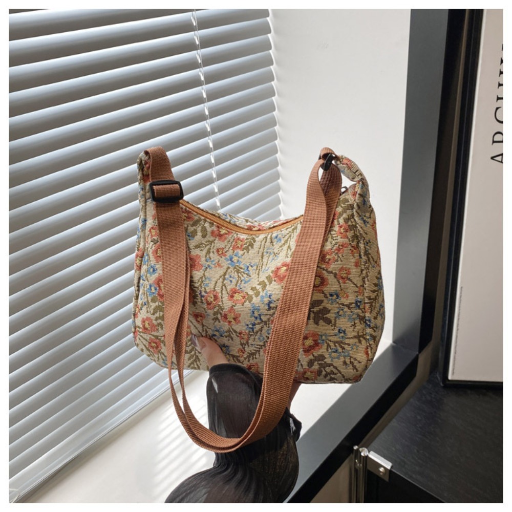 Vintage Half Moon Shape Women Messenger Bag, Versatile Literary Prints Crossbody Shoulder Bag