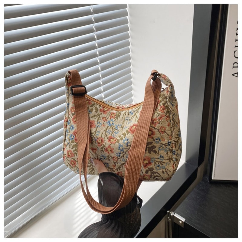 Vintage Half Moon Shape Women Messenger Bag, Versatile Literary Prints Crossbody Shoulder Bag