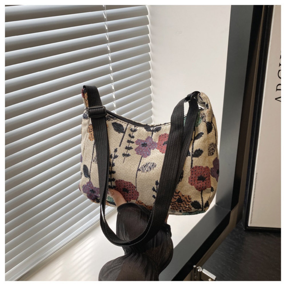 Vintage Half Moon Shape Women Messenger Bag, Versatile Literary Prints Crossbody Shoulder Bag