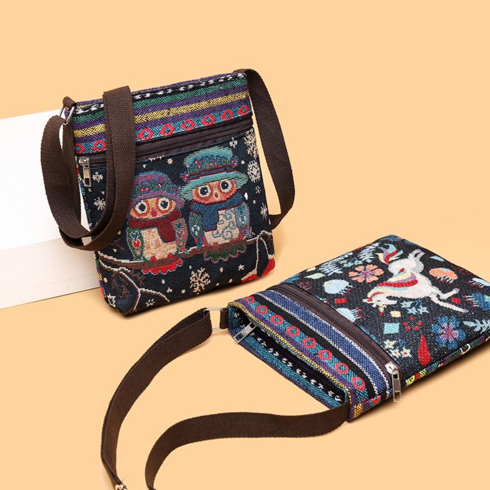 Women Square Small Canvas Embroidered Phone Shoulder Bag Retro Ethnic Style Crossbody Messenger Handbags for Travel