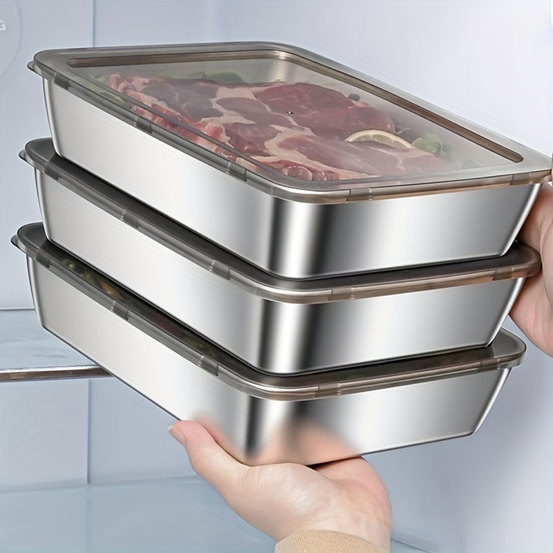 Stainless Steel Food Storage Container with Cover, Rectangle Dish, Noodles Tray, Lunch Box, Refrigerator Organizer