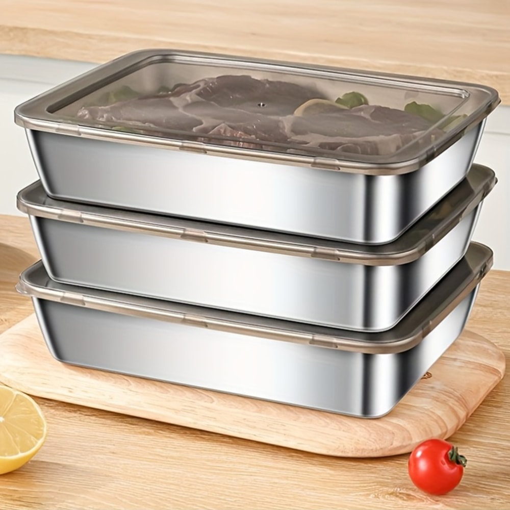 Stainless Steel Food Storage Container with Cover, Rectangle Dish, Noodles Tray, Lunch Box, Refrigerator Organizer